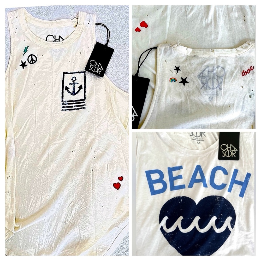 Chaser 2 Tank Tops Beach Heart Waves & Nautical Distressed Size Med Both NWT
